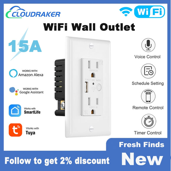 Wifi Smart Wall Outlet with USB Charger Double US Plug Switch Tuya Smart APP Remote Control Socket Work with Alexa Google Home