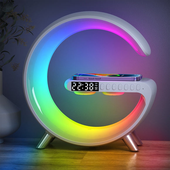 Multifunctional Wireless Charger Alarm Clock Bluetooth Speaker APP Control RGB Night Light Charging Station for Iphone Samsung