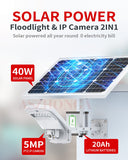 5MP 4G SIM Card Security Floodlight IP Camera Wireless 1080P Outdoor PTZ CCTV Surveillance Cam 40W 20A Battery Solar Panel CamHi