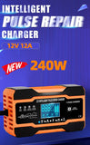 EAFC 12V 12A Car Battery Charger 240W Fully Automatic Pulse Repair Charging Suitable for Car Motorcycle AGM GEL WET Lead Acid