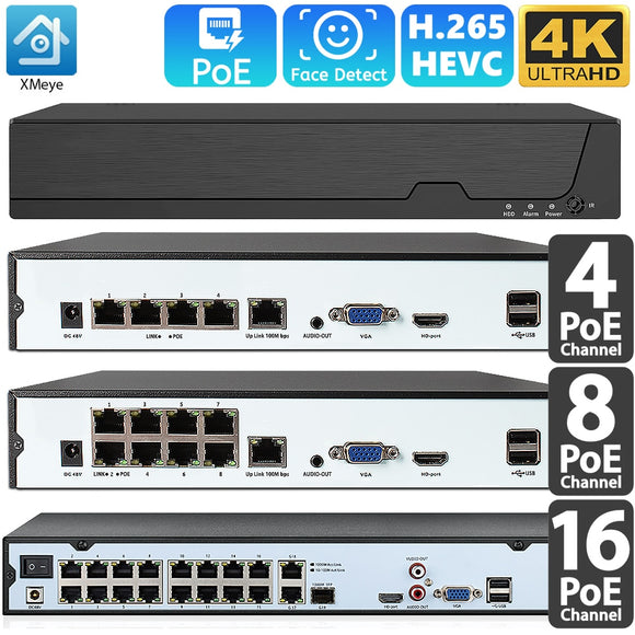 16CH 4K 8MP PoE NVR Video Recorder for Home Security CCTV System 8CH 24/7 Recording 4CH H.265 ONVIF Face Detect Network Recorder