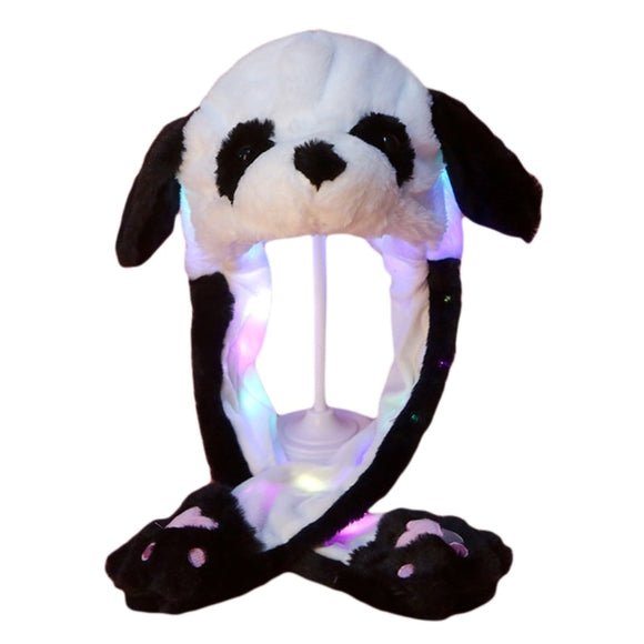 Adult Kids Light Up Plush Animal Hat with Moving Ears Cartoon Rabbit Bunny Panda LED Glowing Earflap Cap Stuffed Toys