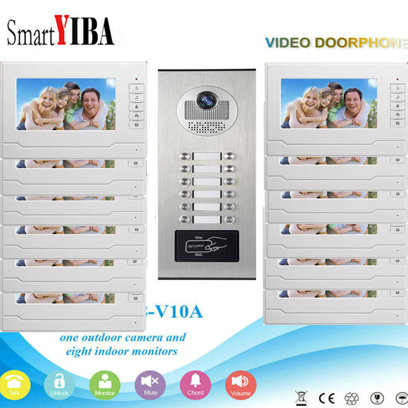 SmartYIBA 12 Units Video Intercom Apartment Door Phone System HD Camera 7" Monitor video Doorbell with 2 pcs RFID Card Unlock