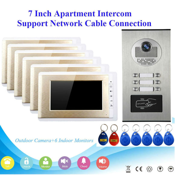 Wired Home 7'' Color Video Intercom RFID Camera with 6/4/3/2 Monitor Video Door Phone 500 user for Apartments