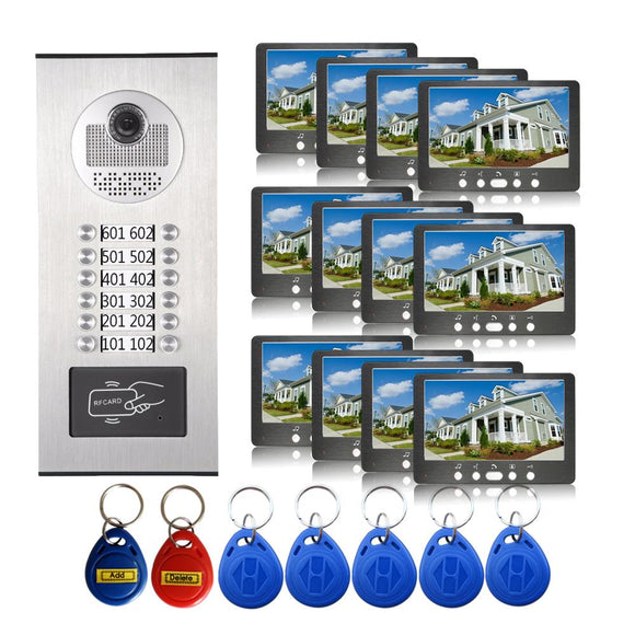 7'' Video Door Phone Doorbell Intercom Entry System 12 Units Monitors +1000TVL IR Camera Doorphone for 12/10/8/4/6 Apartments