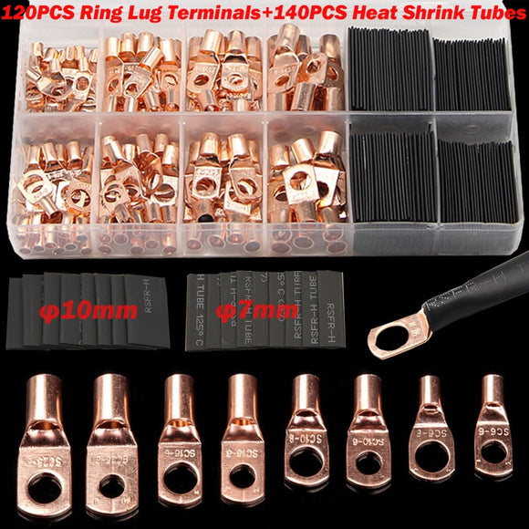 260/240/60CPS Assortment Car Auto Copper Ring Terminal Wire Crimp Connector Bare Cable Battery Terminals Soldered Connectors Kit