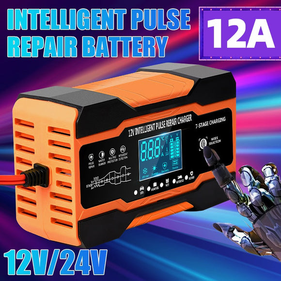 12V 24V 12A 10A Battery Charger Smart Fast Charging for Car Batteries 7-Stage Charge Pulse Repair for AGM GEL WET Lead Acid