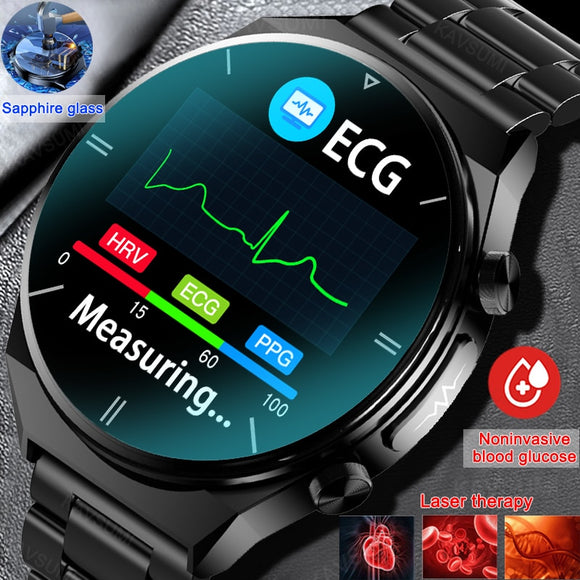 2023 New Blood Glucose Clock Sapphire Glass AMOLED Smart Watch Men ECG Blood Pressure Monitoring Laser Therapy Health Smartwatch