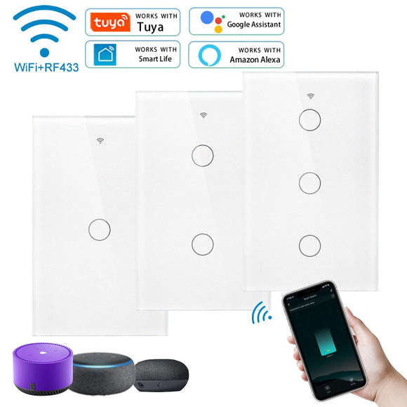 Tuya WiFi Smart Light Switch Alexa Google Home 110V 220V No Neutral Wire Single Fire RF433Mhz Remote 1 2 3 Gang