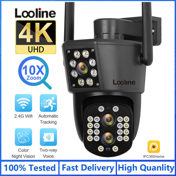 Looline 4K 8MP Linkage IP Camera Outdoor Three Lens Dual Screen WiFi PTZ 10X Optical Zoom Auto Tracking 2-Way Talk CCTV Camera
