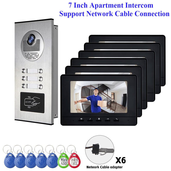 Network cable connection 7" Video Intercom Door Phone System 6/4/3/2 Monitors + RFID Access Outdoor Camera for 6~2 Family House