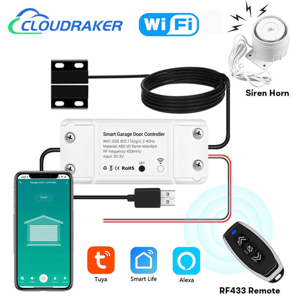 Tuya Wifi Smart Garage Door Opener Controller Switch Siren Horn Alarm RF433 Remote APP Control Works with Alexa Google Home Siri