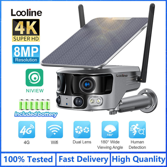 4K 8MP 180 Ultra Wide View Angle 4G Solar Security Camera Outdoor WIFI 4X Zoom Dual Lens PIR Human Detection CCTV Camera